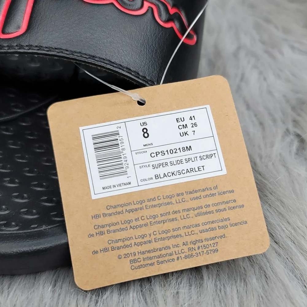 Champion Super Slide Split Script Logo Black Red Flip Flops